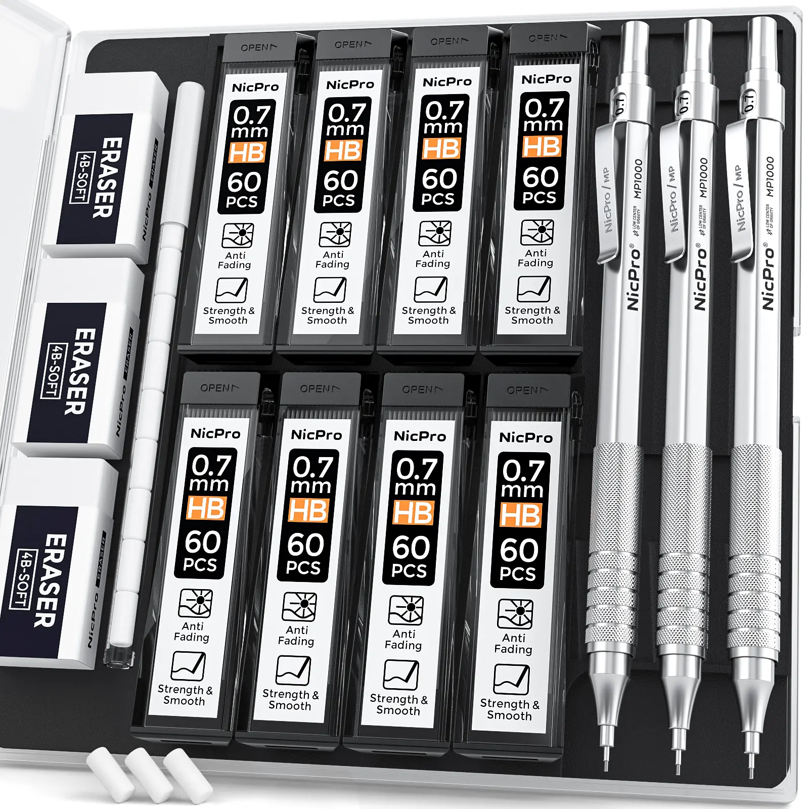 Nicpro 0.7 mm Round Compact Metal Body Aluminum Barrel Mechanical Pencil Set (3-Pack MP1000) with Case, 8 Tubes HB Refills, 3 Erasers, 9 Eraser Refills - Office Stationery Writing Tools for Architects, Correction