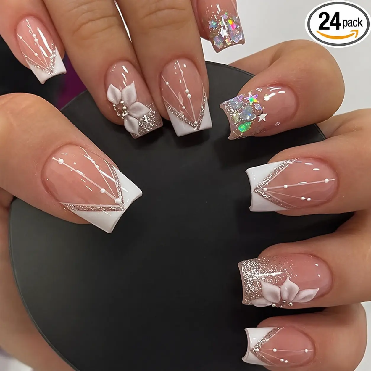 24PCS Short Square Press On Nails French Tip White Flower & Star Design Glitter Fake Nails with Luxury Nail Charms White Stripe Glue On Nails Full Cover Acrylic False Nails for Women DIY Manicure