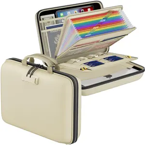 Fireproof File Organizer with Lock, Hard-Shell Case Fireproof Document Box with 13 Pocket Accordion File Folder, Portable Home Office Travel Safe Storage for Important Documents Laptop Beige