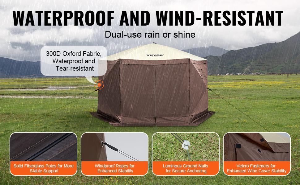 【Summervibes】VEVOR Camping Gazebo Screen Tent, 12*12ft, 6 Sided Pop-up Canopy Shelter Tent with Mesh Windows, Portable Carry Bag, Stakes, Large Shade Tents for Outdoor Camping, Lawn and Backyard, Brown/Beige