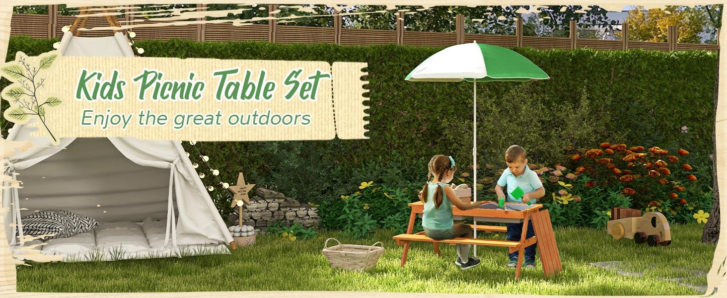 Qaba Kids Picnic Table, Wooden Outdoor Table & Bench Set with Removable Umbrella, Children Sand and Water Activity Table for Patio, Backyard, Gift for Boys Girls, Mixed Color