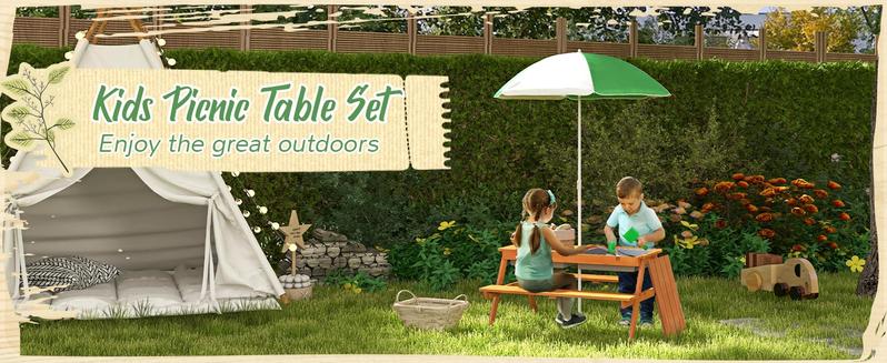 Qaba Kids Picnic Table, Wooden Outdoor Table & Bench Set with Removable Umbrella, Children Sand and Water Activity Table for Patio, Backyard, Gift for Boys Girls, Mixed Color