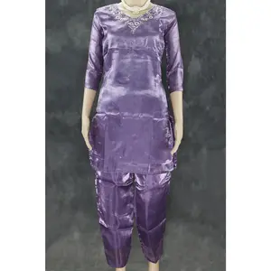 Purple Satin Silk Embroidered Kurti 2-Piece Set with Elastic Pants V-Neck