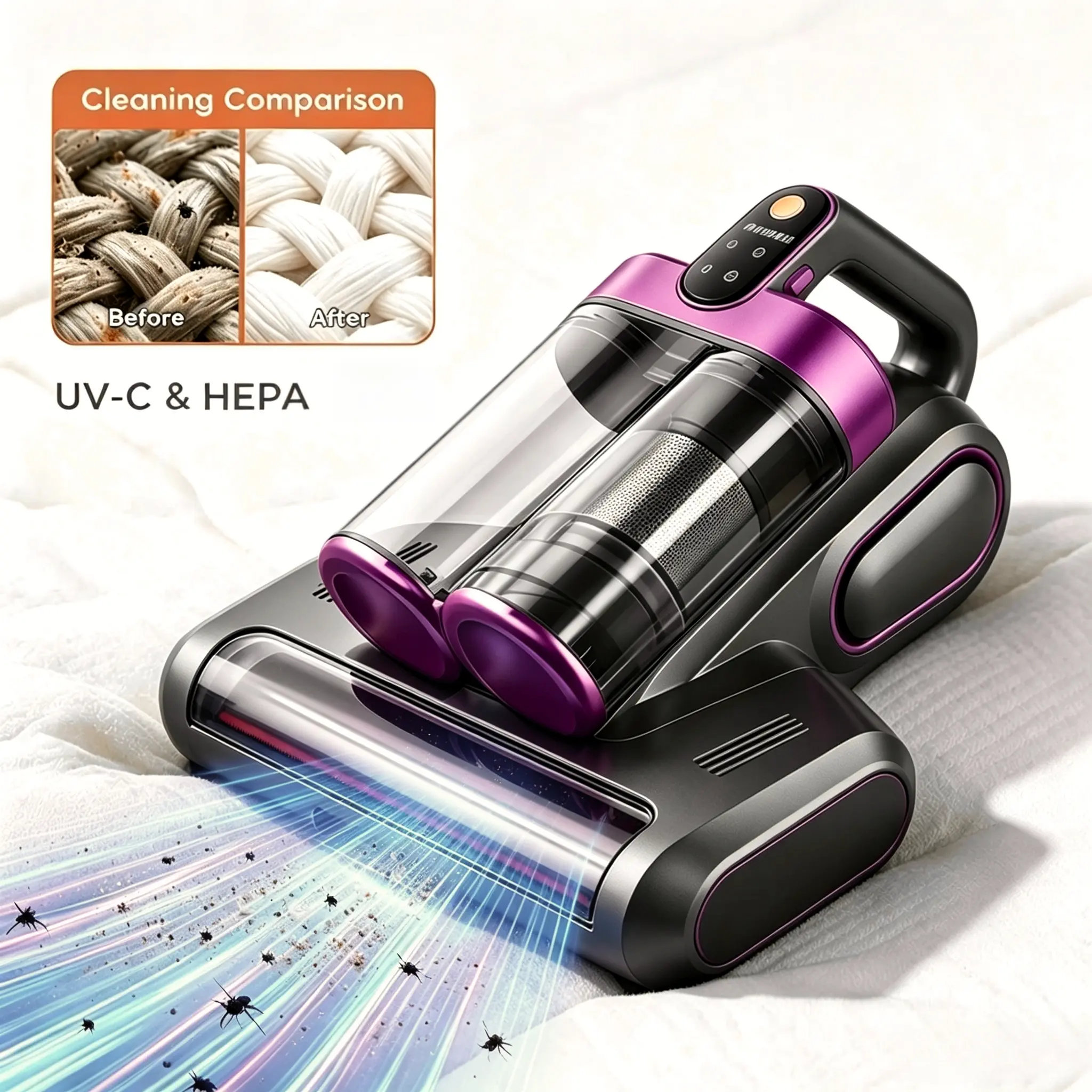 New Wireless Charging Car & Home Mite Vacuum Cleaner - 16000 Pa Suction Power, 253.7 nm UV-C Mite Removal, HEPA Filter Mesh, Ultrasonic Technology, Suitable for Car Seat Cushions, Beds, Sofas