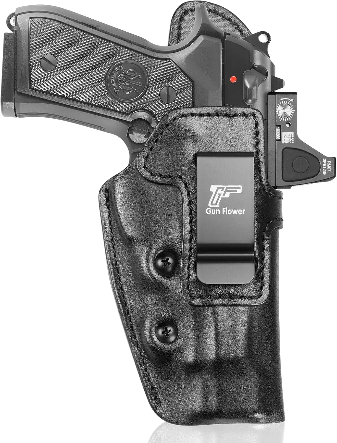 GUN & FLOWER Leather Tactical Holster for Beretta 92FS, 96FS, M9 - Right-Hand IWB Concealed Carry, Optic Cut for Red Dot Optics, Adjustable Retention