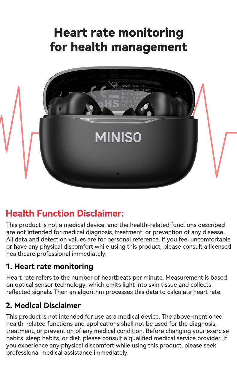 MINISO MS112 Wireless Earphones: Active noise cancellation, real-time translation, heart rate sensing, hearing aid function, Bluetooth connectivity, spatial audio, high-fidelity sound quality, USB-C charging.