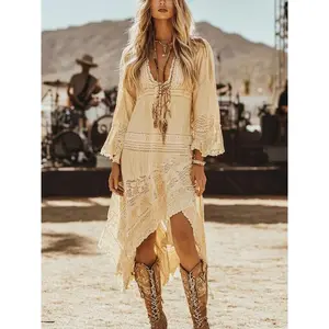 Cross-border European and American Spring and Autumn retro wasteland style ethnic style floral breathable casual dress long dress Womenswear Summer