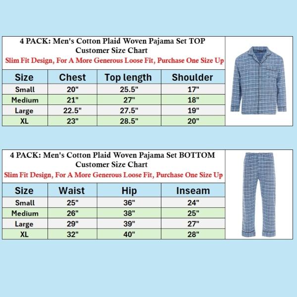 4 Pack: Men's Cotton Flannel Plaid Woven Pajama Loungewear Set 2 Top's And 2 Bottom's Sizes S-XL