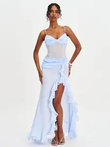 Lacy Blue Ruched Breast High Slit Chiffon Dress