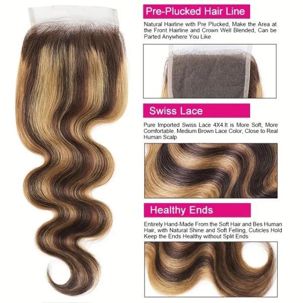 2x6 4x4 5x5 Lace Closure Brown Highlight Body Wave Human Hair Bundles 12-20inch Deep Part Transparent Lace Closure