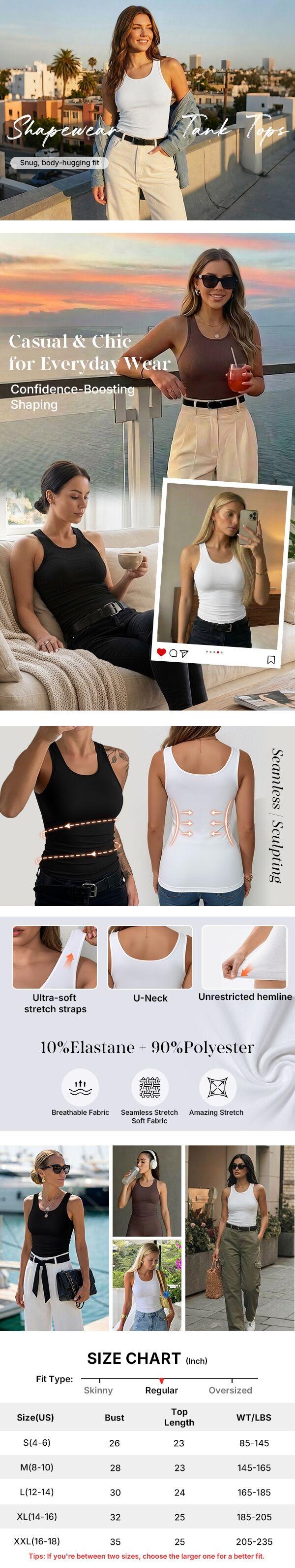 ChicMe Women U-Neck Tummy Control Double Layer Hem Tank Top Seamless Minimalist Fashion Versatile Shapewear