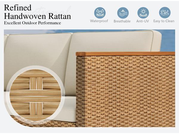 【1 or 2 Packages Shipping】Phivilla Home Outdoor Patio Rattan Furniture Set with Acacia Wood Coffee Table, Thick Cushions – 3/7-Piece Sofa Set for Balcony, Porch & Patio, SpringGlowUp