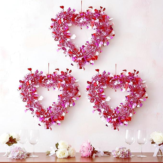 Valentine's Day Decoration Heart Wreath 8/6/3 Pcs Pink Heart Shaped Wreath for Front Door Romantic Decor Tinsel Heart Door Hanger Wreath for Window Wall Fireplaces Anniversarry Wedding Birthday Party Home Kitchen Cabinet Indoor Outdoor Spring Decor