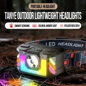 RGB Ambient Light Headlamp, Motion Sensor Control, TYPE-C Charging, Digital Battery Display, Portable Headlight for Hiking, Camping, Night Work