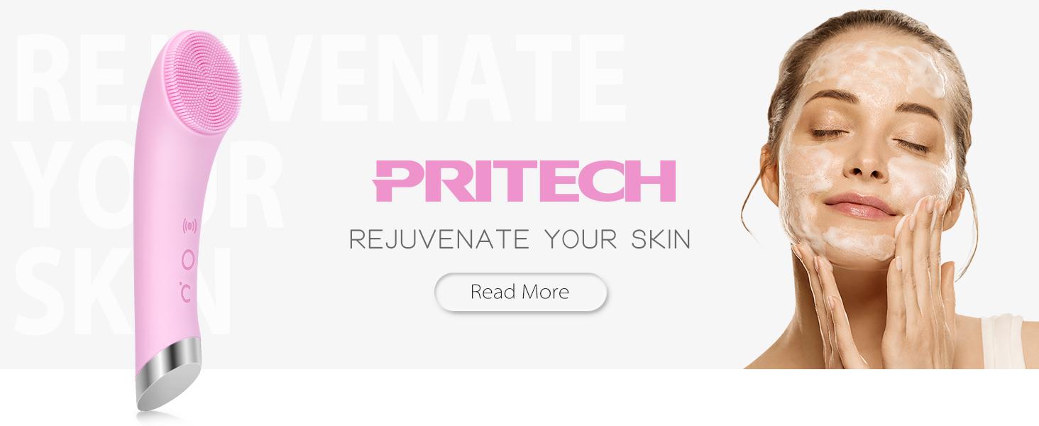 Facial Cleansing Brush, PRITECH Heatable Vibrating Face Scrubber with Massage, Silicone Face Scrubber for Women & Men, Electric Facial Cleanser for Deep Cleansing, Gentle Exfoliating (Pink)