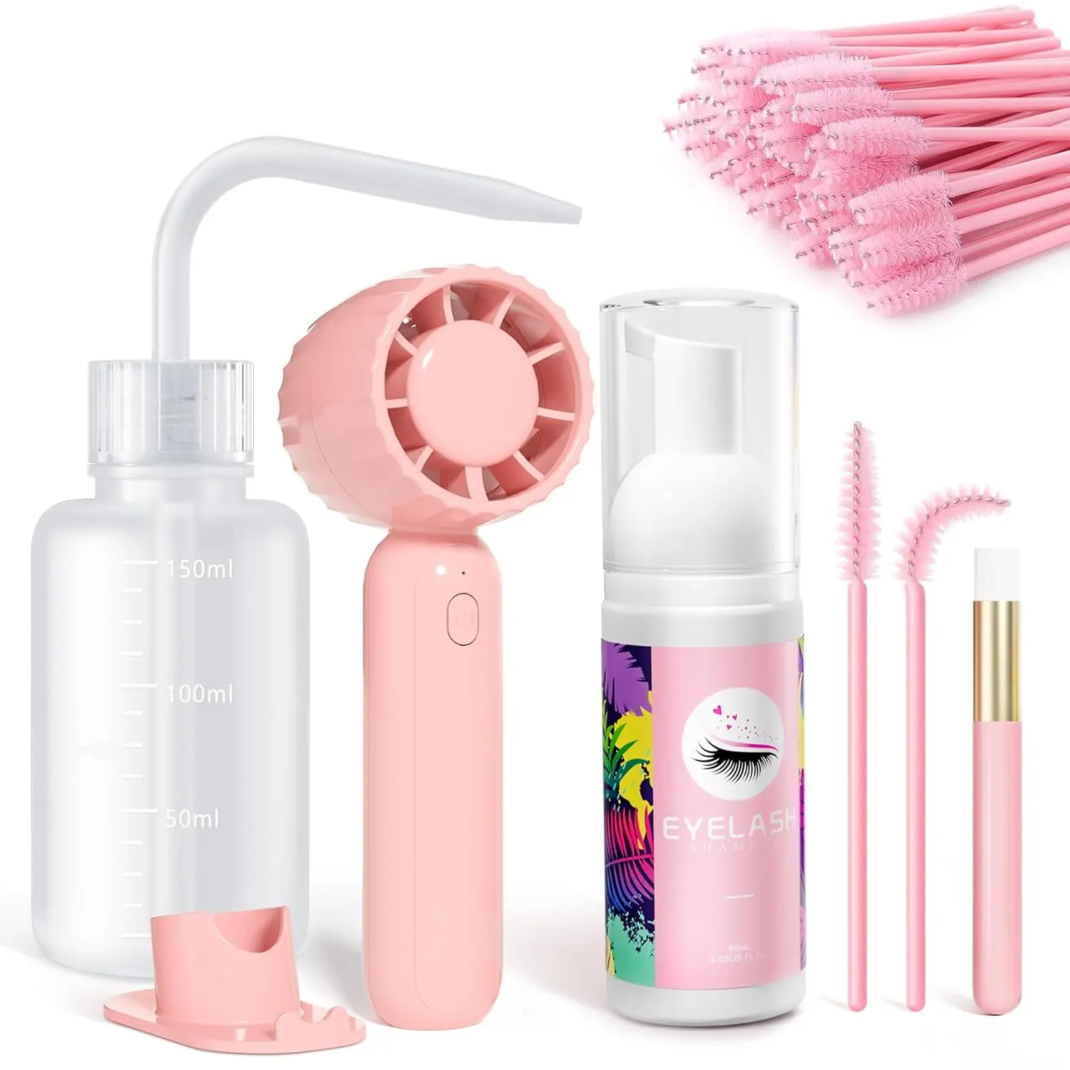 Lash Cleaning Kit Eyelash Extension Cleanser 60 mL Rechargeable Lash Fan Dryer Mascara Brush Rinse Bottle Foam Lash Care Aftercare Kit