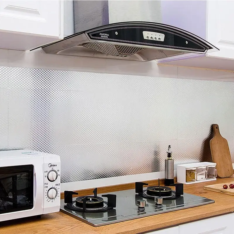 Kitchen Wallpaper Oil Proof Sticker Backsplash 15.7x118 Inches Self Adhesive Aluminum Foil Silver Waterproof Heat Resistant Easy Cut Trim Anti-Oil Dust