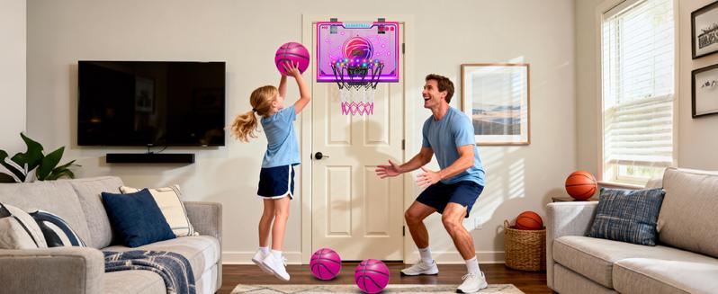 VATOS Basketball Hoop for Girls Indoor, LED Basketball Hoop with 7 Color Lights, Glowing Rim, Scoreboard & Remote Controller, Basketball Set Sports Toys Birthday Gifts for Girls Kids Teens 5-12