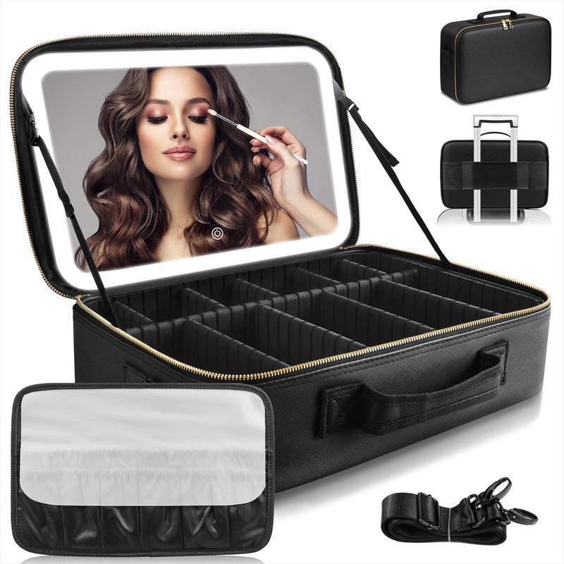 Viral Plus Size Travel Makeup Bag with Lighted Mirror  Waterproof Cosmetic Train Case with Three-color Light Adjustable Dividers Must-Have Organizer for Makeup Lovers Perfect Gift for Her