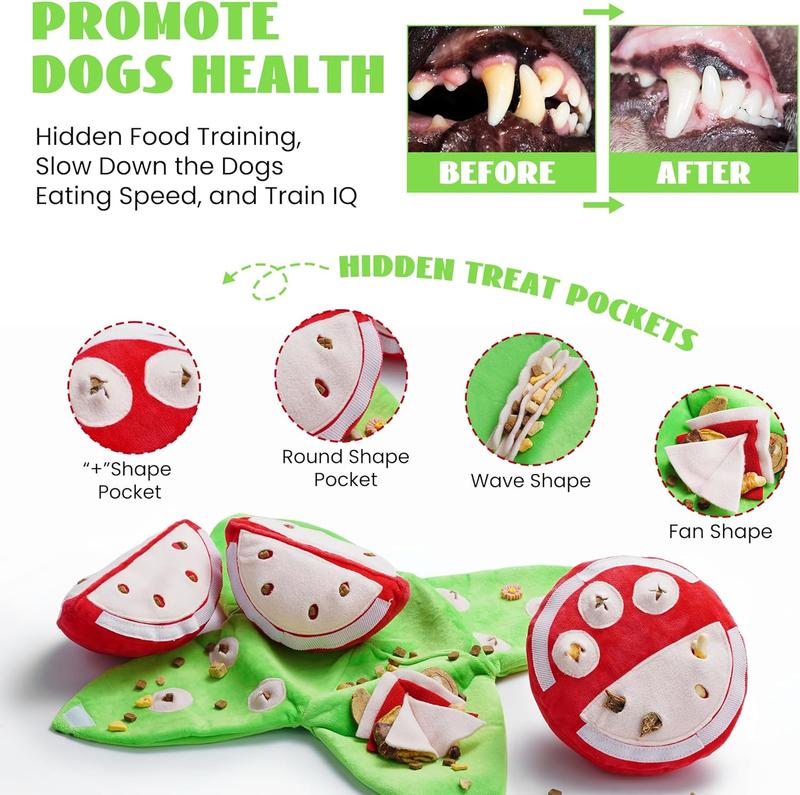Nocciola 4-in-1 Watermelon Dog Enrichment Toys, 3 Squeaky Slices with a Rind Snuffle Mat for Treats Hunting Fun, Hide and Seek Puzzle Toy for All Breeds Nocciola 4-in-1 Watermelon Dog Enrichment Toys, 3 Squeaky Slices with a Rind Snuffle Mat for Treats Hunting Fun, Hide and Seek Puzzle Toy for All Breeds