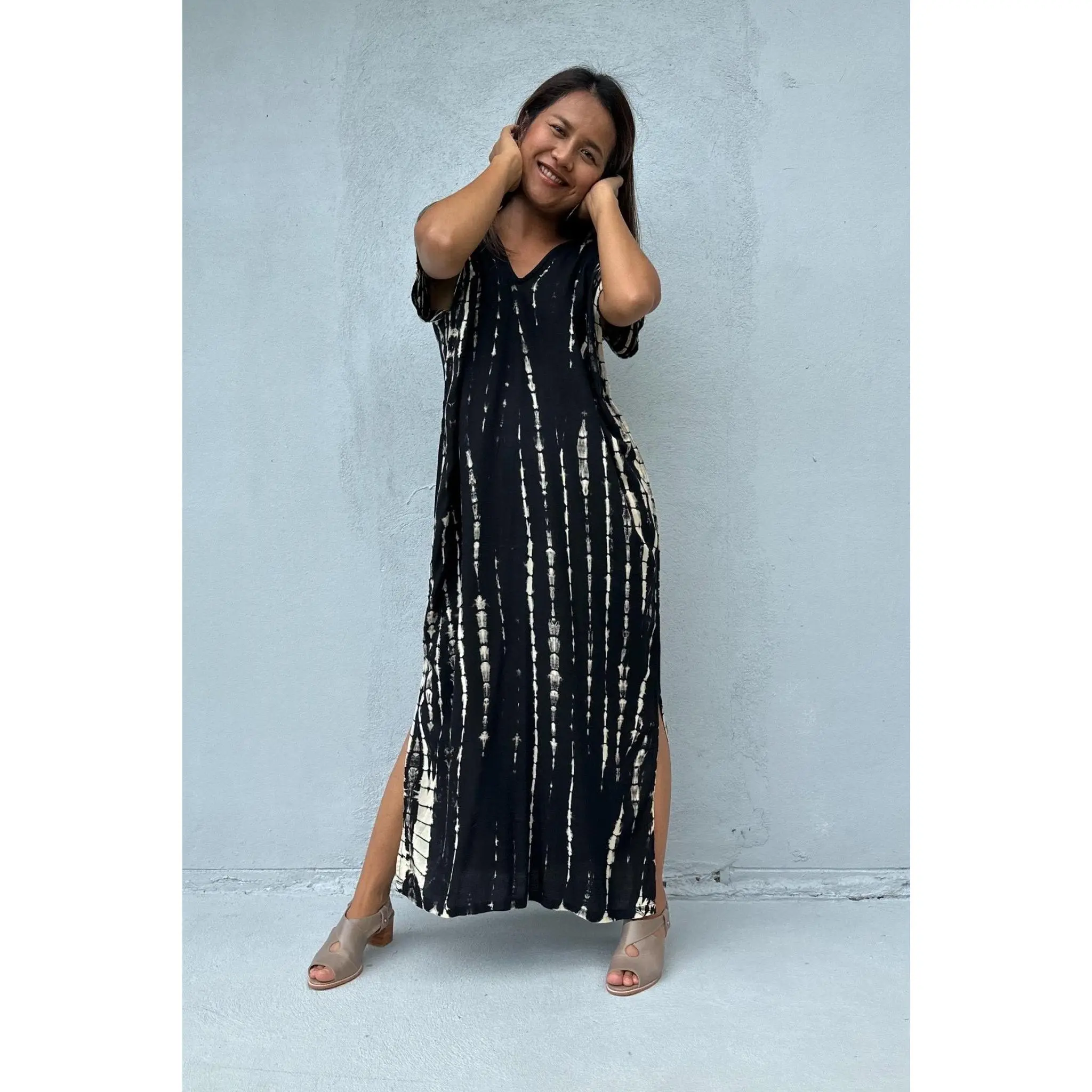 Women's Callie Petite Kaftan, Black Tie-Dye, Belt-Included, Breathable Light Casual Dress