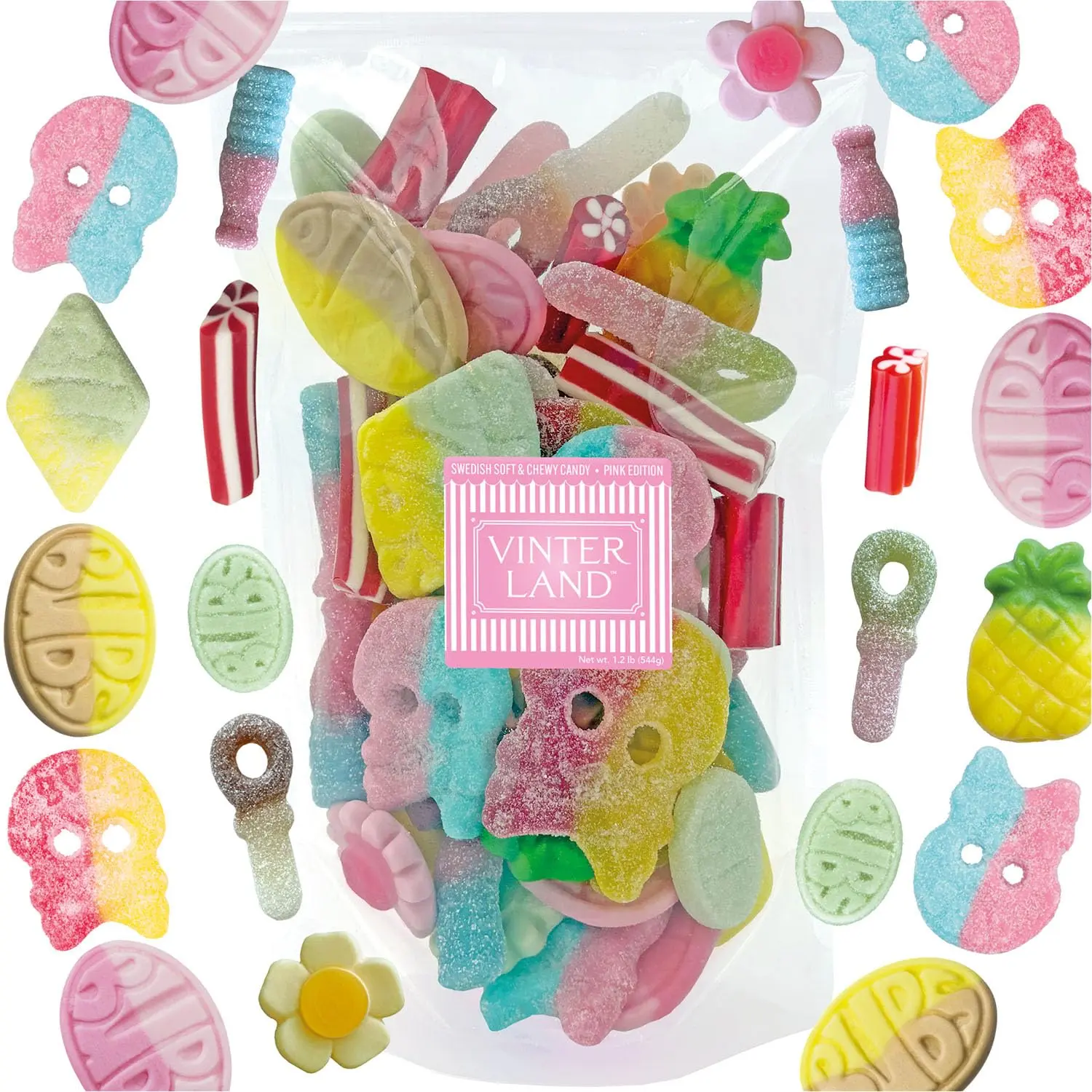 Sweet Snack Swedish Candy Mix (1.2 Lbs) - Bubs Big Ovals, Big Swedish Candy Skulls, Happy Flowers, Strawberry Shooters, Circus Pens & More - Vinterland Pink 7 Edition