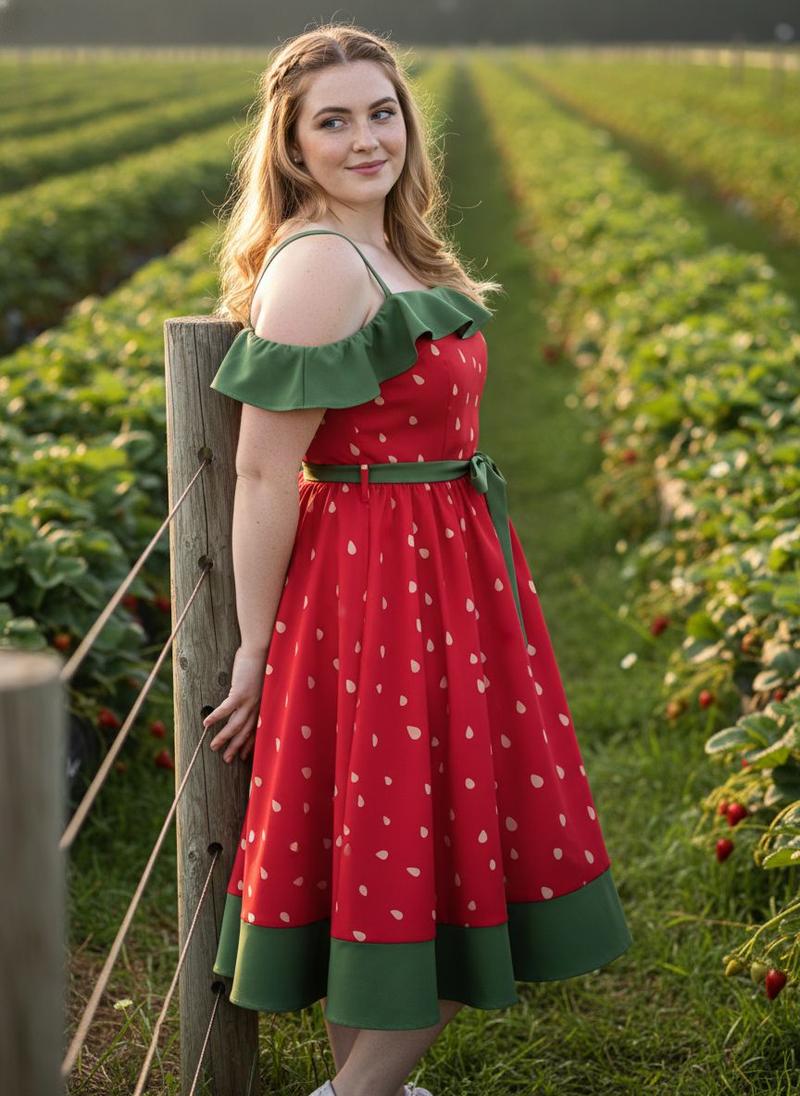 Plus Size Cute Strawberry Dress Aesthetic Summer Look with Bow and Ruffle Trim Sleeveless Vintage Style Retro Stage Boho Bohemian Casual Casual Wear