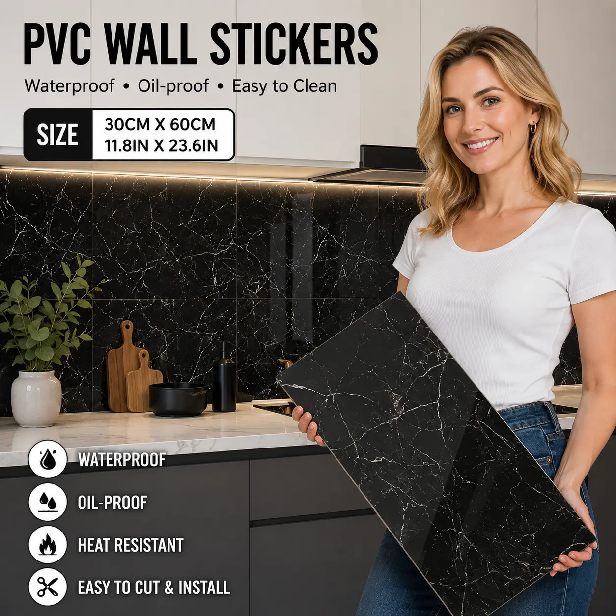 Black Marble Peel & Stick PVC Wall Panels 11.8"×23.6", Waterproof DIY Wall Tiles for Kitchen Bathroom Home Decor