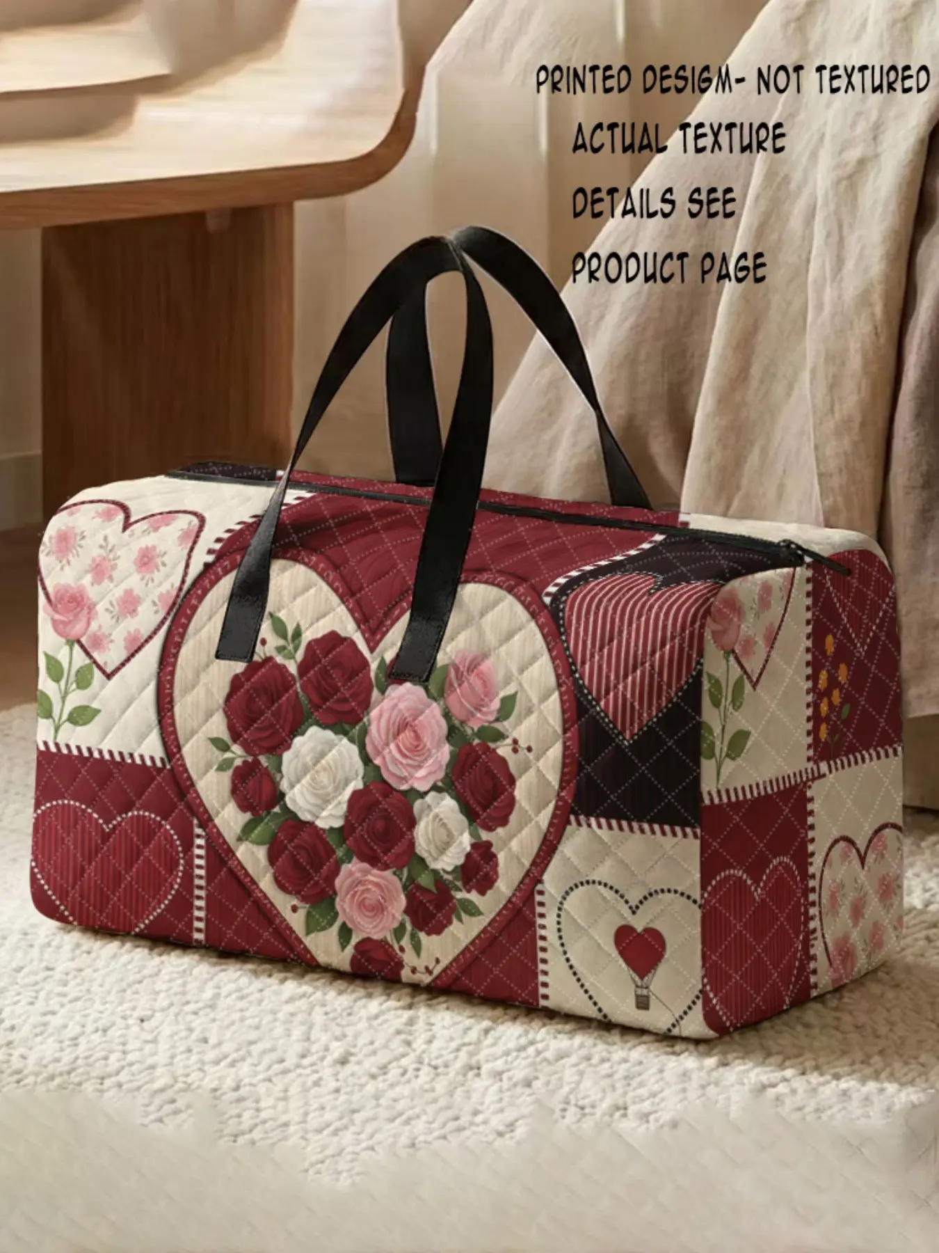 Heart Rose Print Handbag, Large Capacity Travel Suitcase, Portable Overnight Bag, Fashion Travel Bag, Yoga Training Bag, Shoe Storage Crossbody Bag, Weekender Duffel, Duffel Bags