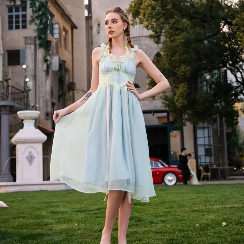 Garden Whisper Vintage Satin Corset Dress - LuminaVenus French Design Women's Formal Casual Sundress, Ribbon Accent, Pleated, Lace, Breathable Soft Fabric, Bridal Party Graduation Event Wear