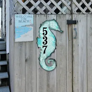 Designocracy MA98517-18 18 in. Coastal Seahorse Wooden House Number Sign - Decorative Wall Artwork, UV Resistant Home Decor Plaque, Ideal Gift