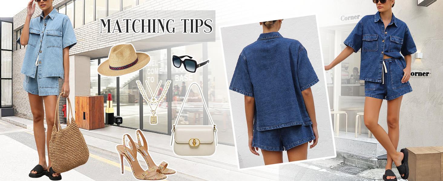 Chouyatou Women's Summer Denim Shirt and Shorts Two-Piece Set Short-Sleeve Button-Down Shirt with Elastic Waist Wide-Leg Shorts Casual Outfit Chouyatou Women's Summer Denim Shirt and Shorts Two-Piece Set Short-Sleeve Button-Down Shirt with Elastic Waist Wide-Leg Shorts Casual Outfit