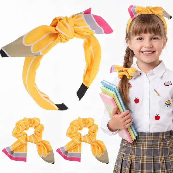 Female 3PCS Lightweight Polyester Clip-On Back to School Pencil Headband & Scrunchie Set, Modern First Day of School Hair Accessories for Girls, Student Outfit Gifts