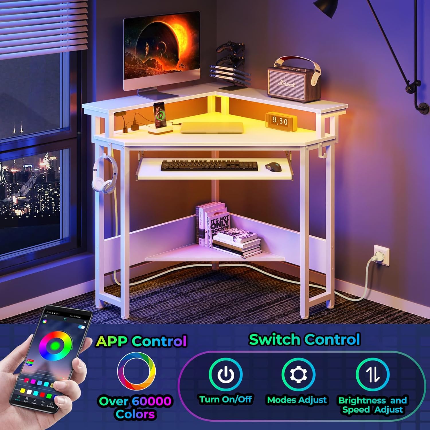 Multi-Functional Corner Desk for Home Office, 4-Color Gaming & Workstation with LED & Power Outlets, 44.5" W Small Space Computer Desk with Keyboard Tray