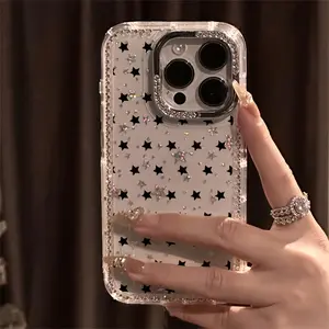 Full-screen Black Star Luxury Rhinestone Fashion Phone Case, Transparent Sparkling Diamond Frame Star Case Anti-drop Case, Suitable for iPhone 17 Pro Max, 17 Air, 16, 15, 14 Plus, 13, 12, 11 Protective Cover. Christmas Gift, New Year Gift