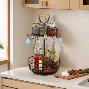360° Double-Layer Commercial Coffee Bar Counter - Rotating Storage Rack with 8 Hooks | 22 lbs Load Capacity, Suitable for Mugs/Condiments/Fruit | Rust-Resistant Steel Material, Ideal for Parties, Holidays, and New Year's Gifts shelf