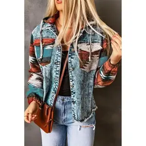 Western Style Denim Stitching Hooded Jacket Women's Multi-Color Printed Frayed Hem Jacket Women
