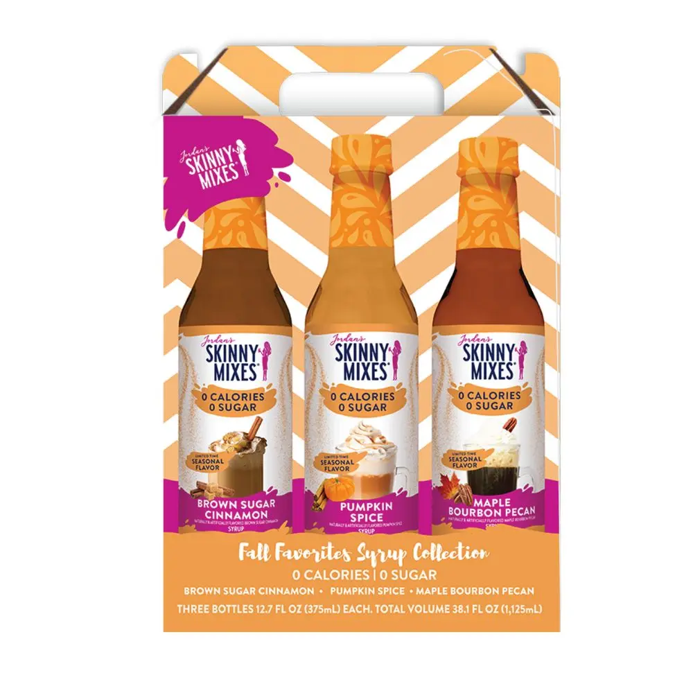 Jordan's Skinny Mixes Fall Favorites 3-Bottle Pack Beverage Syrup Trio - Brown Sugar Cinnamon, Pumpkin Spice, Maple Bourbon Pecan, Sugar-Free Sucralose-Sweetened Ambient Syrup Concentrate, 3 Bottles Pack