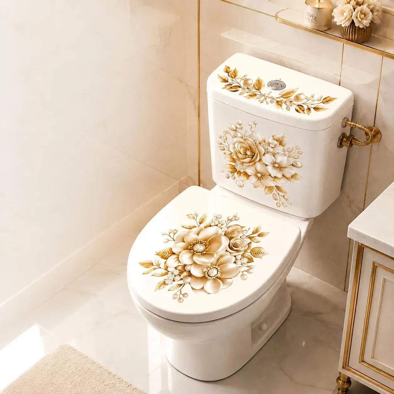 3 Piece Bathroom Toilet Sticker Set, PVC Self Adhesive Decorative Decals, Matte Finish Irregular Floral Shape, Luxury Design Accessories, Bathroom Essentials