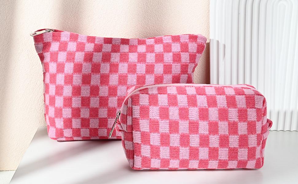 SOIDRAM 2 Pieces Makeup Bag Large Checkered Cosmetic Bag Capacity Canvas Mix Travel Toiletry Bag Organizer Cute Makeup Brushes Aesthetic Accessories Storage Bag for Women, Checkered Mix Rose Red