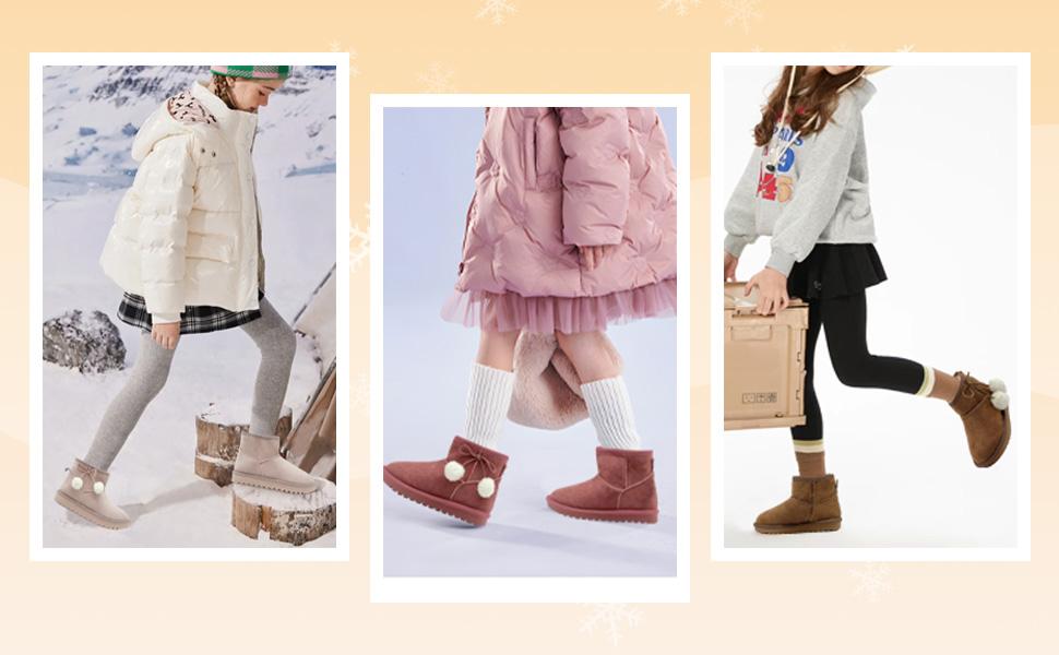 Lumubby Girls Winter Snow Boots Faux Fur Lined Short Ankle Shoes for Little Big Kids - Slip-On Style, Plush Sheepskin, Lightweight & Durable