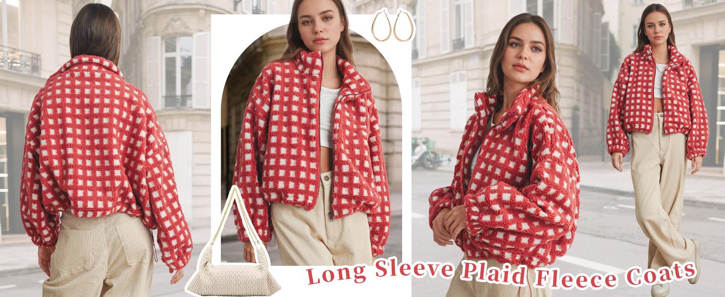 Hixiaohe Womens Checkered Sherpa Jacket Cropped Long Sleeve Plaid Fleece Coats Casual Zip Up Gingham Outwear with Pockets