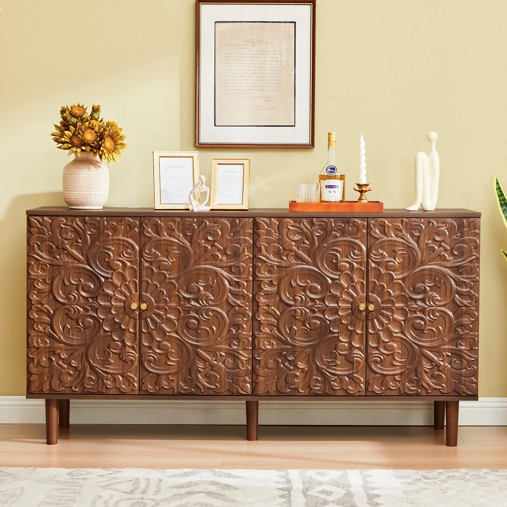 Giratree 59" Buffet Cabinet with Storage, Floral Embossed 4 Door Sideboard | 3D embossed floral doors, adjustable shelf, solid wood legs, soft-close hinges and slim storage design for modern homes