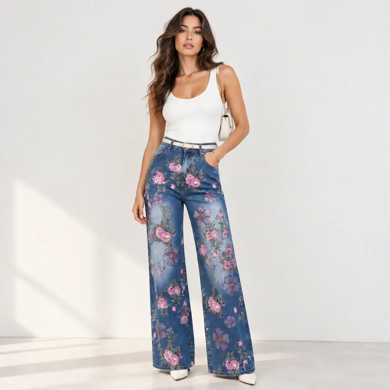 TCH - K Y2K Aesthetic Maximalist Floral Sparkle  Jeans | Embellished Wide Leg Denim | Indie Vibe