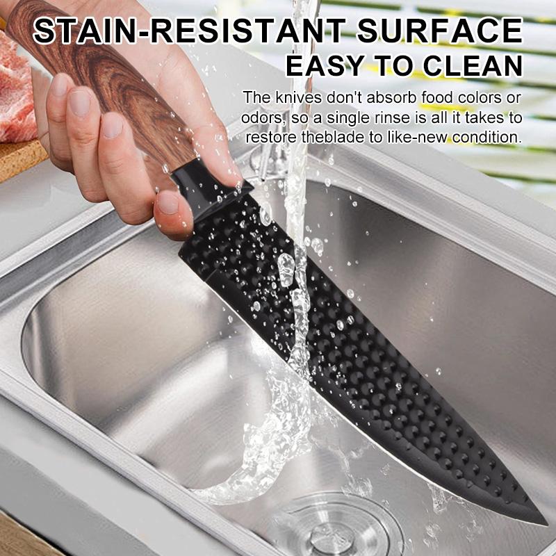 9-Piece Kitchen Knife Set - Black Chef Knife Set with Sharp Blades, Non-Stick Stainless Steel Cooking Knives Set, Ergonomic Wood Grain Handle, Aesthetic Kitchen Knives,Meat Knife Block