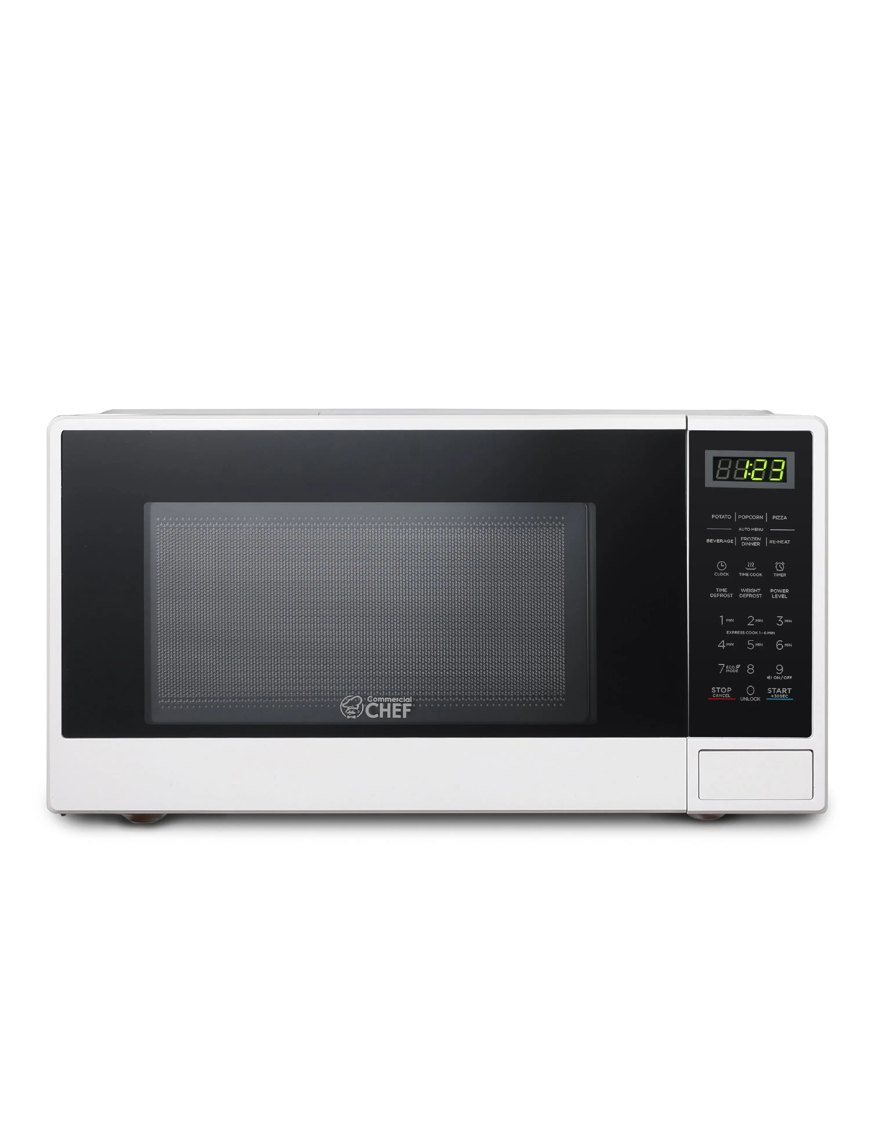 Commercial Chef 1.1 Cu. Ft. Countertop Microwave Oven, 1000 to 1099W, Touch Controls, Digital LED Display, Push Button Door, 10 Power Levels, Timer, Portable, Child Lock, Heating Function, Model CHCM11100W, White, Efficient Turntable