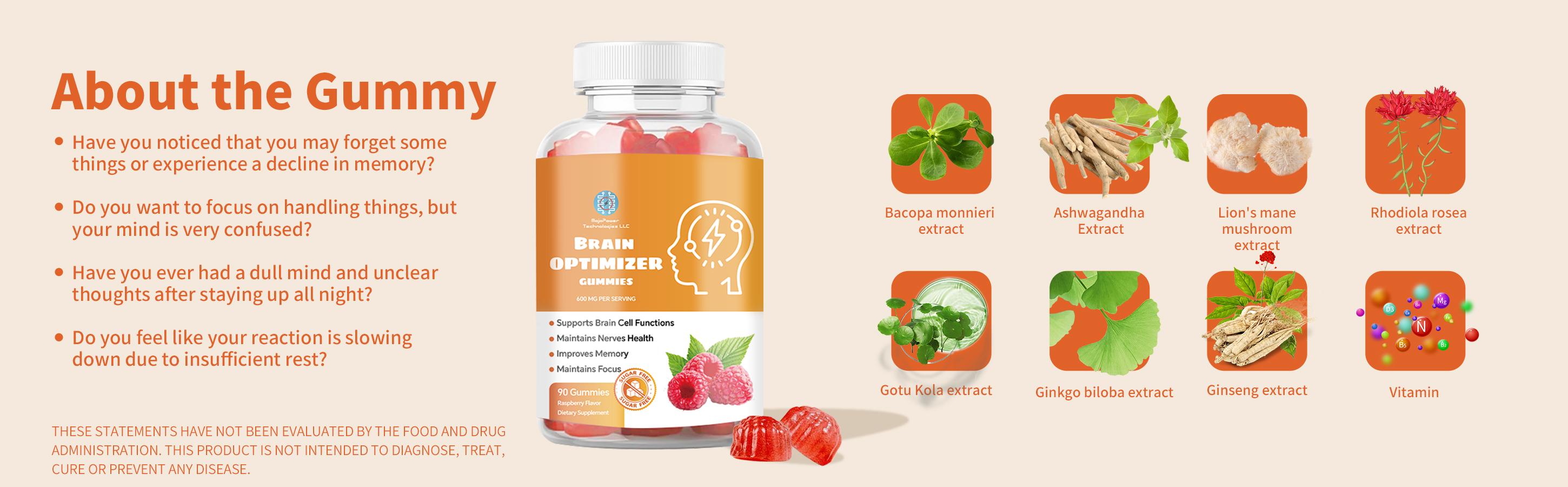 Brain Optimizer Gummies | Memory, Focus & Attention Support | Cognitive Health Supplement with Magnesium, Omega 3 & Ashwagandha | 90 Raspberry Flavor Gummies