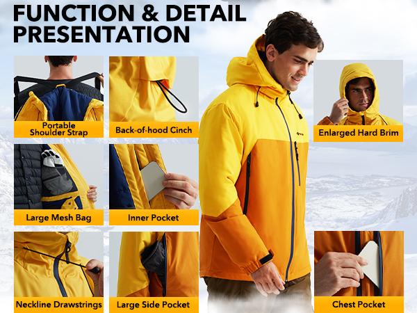GEMYSE Men's Winter Lightweight Windproof Shell Jacket Waterproof Breathable Rain Jacket Hooded Windbreaker for Ski Snowboarding Hiking