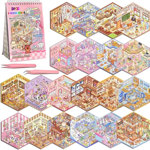 20 Sets Beginner-Friendly DIY Miniature 3D Sticker Scene Book - Scrapbook Supplies, Stickers Kit, Hobbies Kit for Adults, Cool Gifts for Adults, Cute Cartoon Animal Isometric Maker, Craft Stress Relief Item