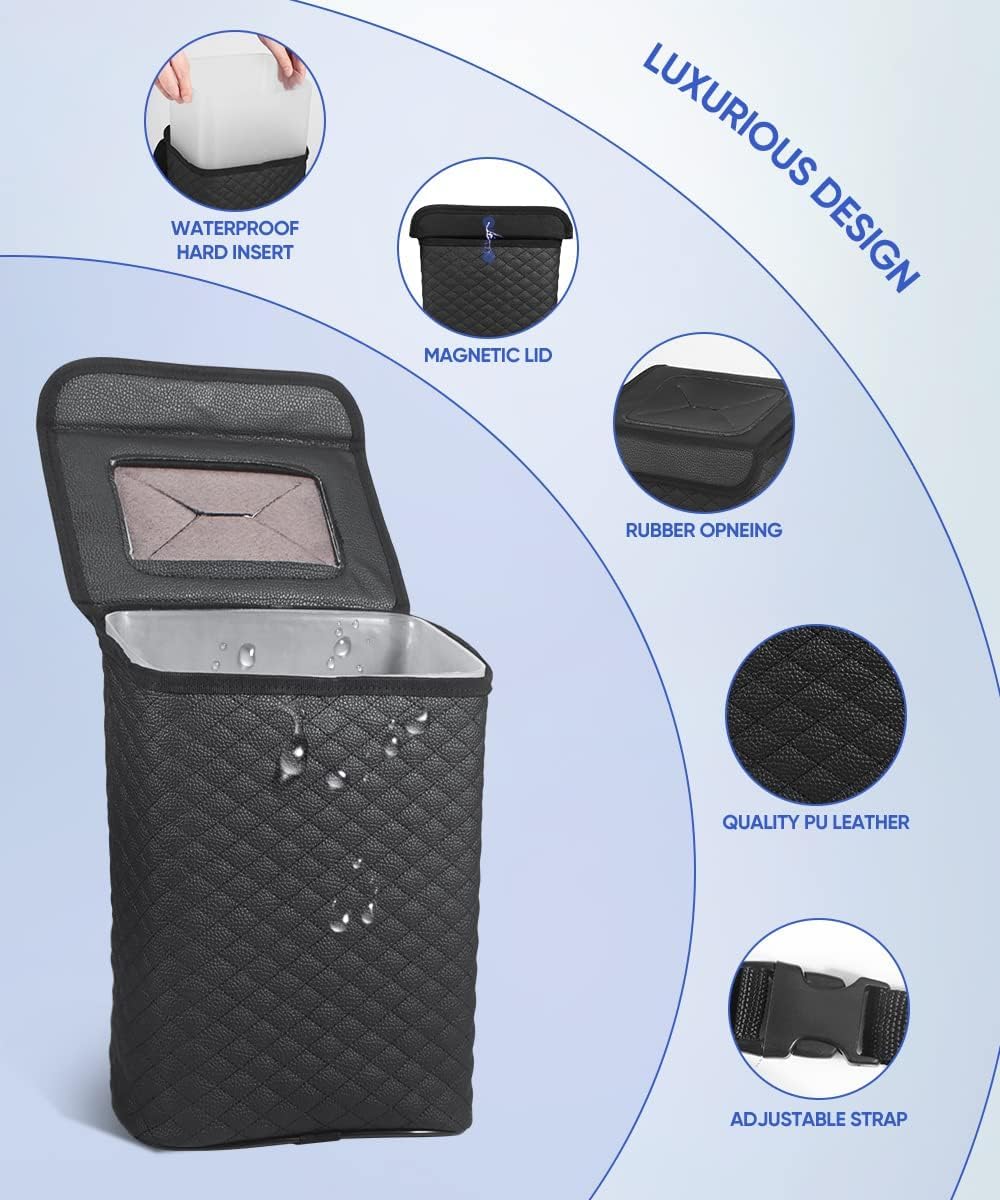 Tsumbay 2 Gallon Car Trash Can with Lid - Leakproof PU Leather Auto Garbage Bin, Removable Waterproof Liner, Hanging Car Trash Can for SUV, Truck, Travel, Camping Accessories
